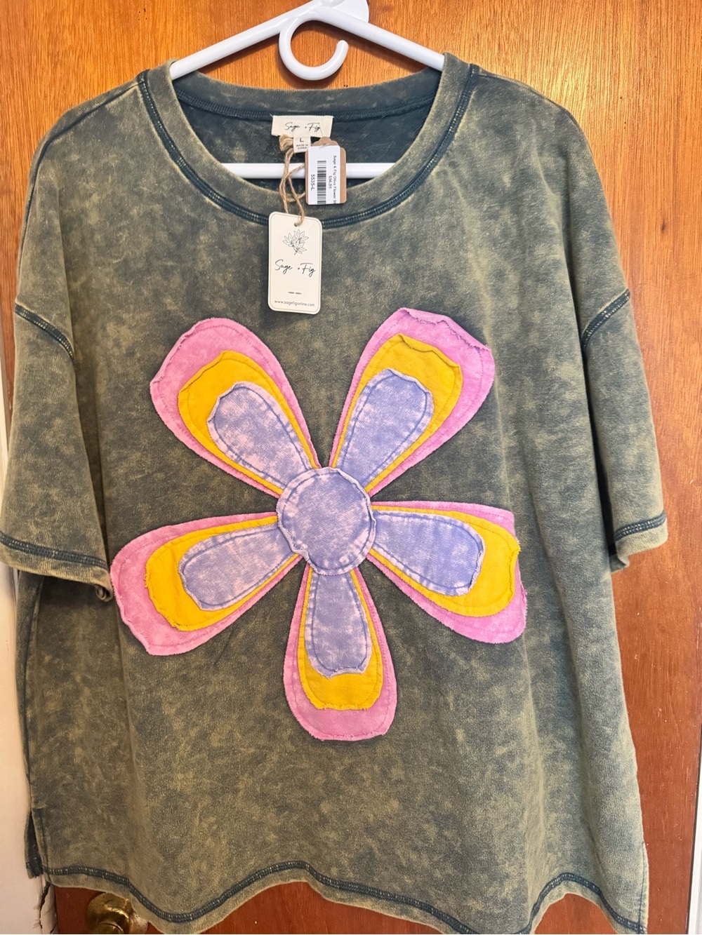 Sage Green Short-Sleeve Tee with Colorful Flower Applique by Sage + Fig